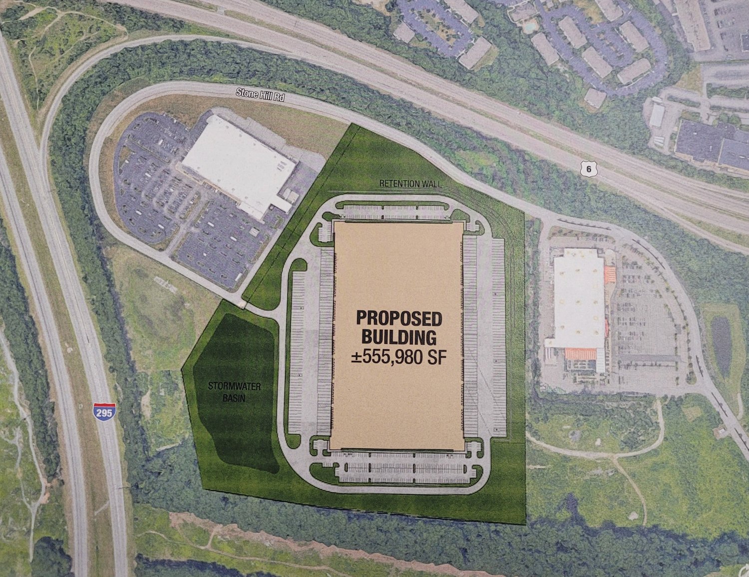 THE SITE: NorthPoint Development hopes to build the “I-295 Commerce Center,” a $75 million, 555,980 square foot warehouse facility off Stonehill Drive, between the Home Depot and the BJ’s Wholesale Club in Johnston.